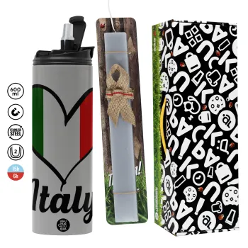 Italy flag, Πασχαλινή Λαμπάδα με Travel Tumbler θερμό (600ml, BPA free) & κερί αρωματικό πλακέ (30cm) (ΓΚΡΙ)