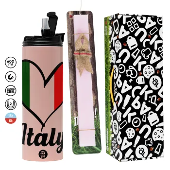 Italy flag, Πασχαλινή Λαμπάδα με  ΡΟΖ Travel Tumbler θερμό (600ml, BPA free) & κερί αρωματικό πλακέ (30cm) (ΡΟΖ)