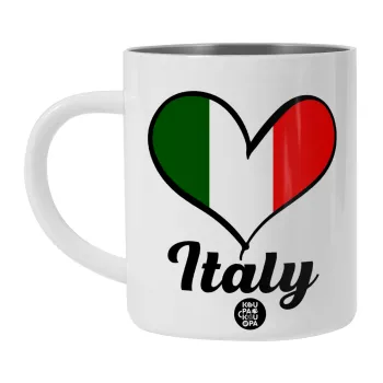 Italy flag, Λευκή Ανοξείδωτη Μεταλλική Κούπα 450ml - Διπλού Τοιχώματος 