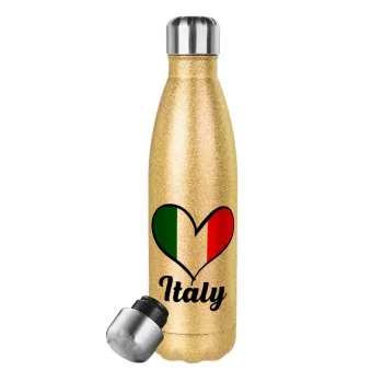 Italy flag, Μεταλλικό παγούρι θερμός Glitter χρυσό (Stainless steel), διπλού τοιχώματος, 500ml