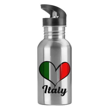 Italy flag, Water bottle Silver with straw, stainless steel 600ml