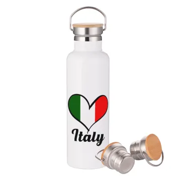 Italy flag, Μεταλλικό παγούρι θερμός (Stainless steel) Λευκό με ξύλινο καπάκι (bamboo), διπλού τοιχώματος, 750ml