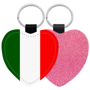 Italy flag, Μπρελόκ PU δερμάτινο glitter καρδιά ΡΟΖ