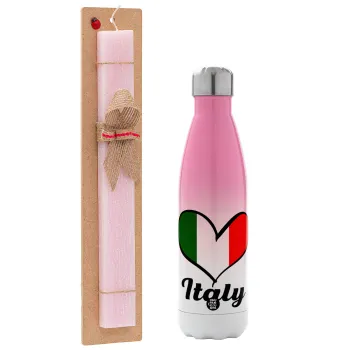 Italy flag, Πασχαλινή Λαμπάδα με Μεταλλικό παγούρι θερμός Ροζ/Λευκό (Stainless steel), διπλού τοιχώματος, 500ml & κερί αρωματικό πλακέ (30cm) (ΡΟΖ)