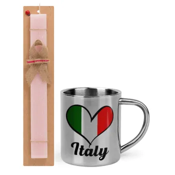 Italy flag, Easter Set, metallic thermal cup (300ml) & aromatic flat Easter candle (30cm) (PINK)