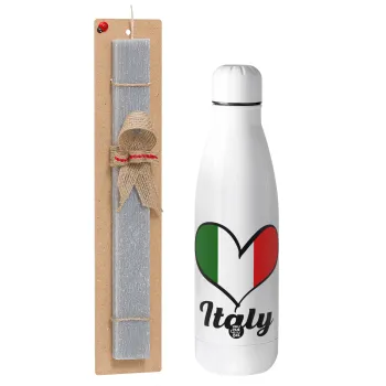 Italy flag, Πασχαλινή Λαμπάδα με μεταλλικό παγούρι θερμός ανοξείδωτο (500ml) & κερί αρωματικό πλακέ (30cm) (ΓΚΡΙ)