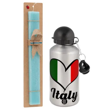 Italy flag, Πασχαλινή Λαμπάδα με παγούρι μεταλλικό Ασημένιο αλουμινίου (500ml) & κερί αρωματικό πλακέ (30cm) (ΤΙΡΚΟΥΑΖ)