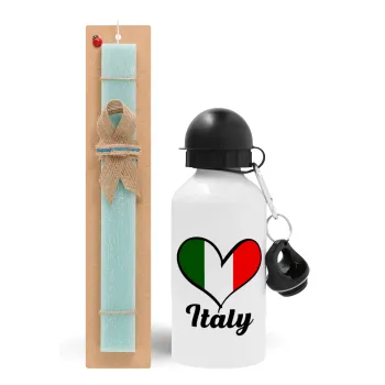 Italy flag, Easter Set, metallic aluminum water bottle (500ml) & scented flat candle (30cm) (TURQUOISE)