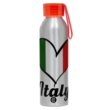 Italy flag, Αλουμινένιο Αθλητικό Μπουκάλι 650ml – Ασημί με Κόκκινο Καπάκι και Λουράκι Σιλικόνης