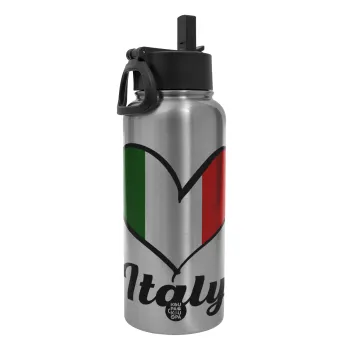 Italy flag, Metal mug thermo Silver with Straw and Spout Lid (Stainless steel), double wall, 950ml