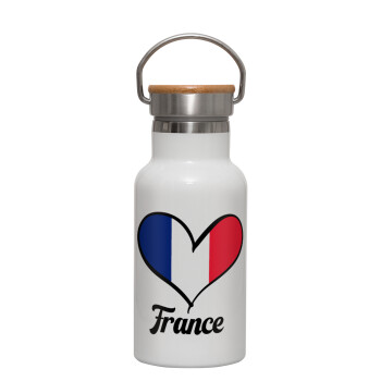 France flag, Metallic thermos (Stainless steel) White with wooden lid (bamboo), double-walled, 350ml