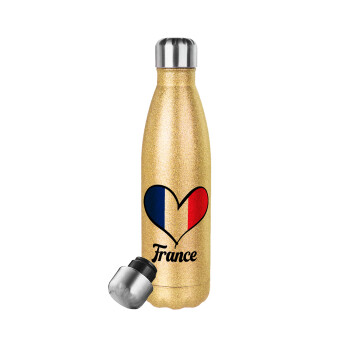 France flag, Μεταλλικό παγούρι θερμός Glitter χρυσό (Stainless steel), διπλού τοιχώματος, 500ml