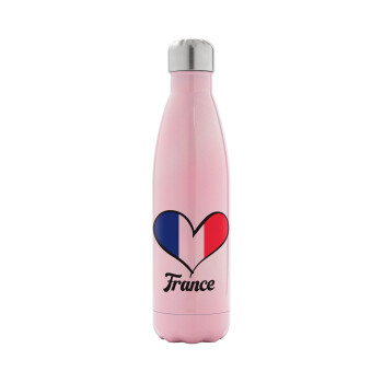 France flag, Metal mug thermos Pink Iridiscent (Stainless steel), double wall, 500ml