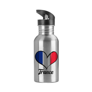 France flag, Water bottle Silver with straw, stainless steel 600ml