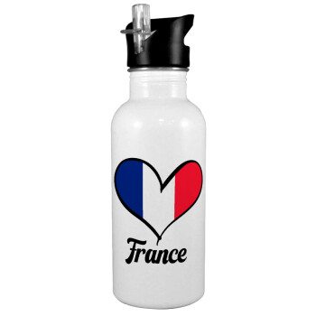 France flag, White water bottle with straw, stainless steel 600ml