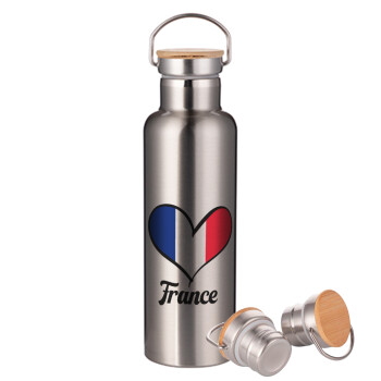 France flag, Stainless steel Silver with wooden lid (bamboo), double wall, 750ml