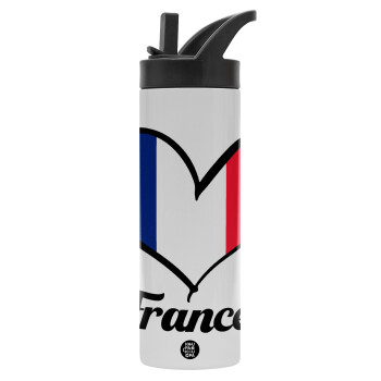 France flag, Metallic thermos bottle with straw & handle, stainless steel (Stainless steel 304), double-walled, 600ml.