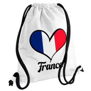 France flag, Τσάντα πλάτης πουγκί GYMBAG λευκή, με τσέπη (40x48cm) & χονδρά κορδόνια