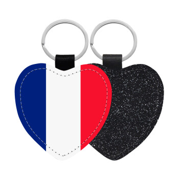 France flag, Μπρελόκ PU δερμάτινο glitter καρδιά ΜΑΥΡΟ