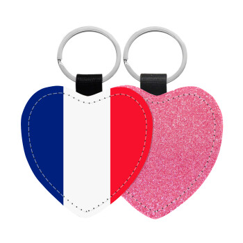 France flag, Μπρελόκ PU δερμάτινο glitter καρδιά ΡΟΖ