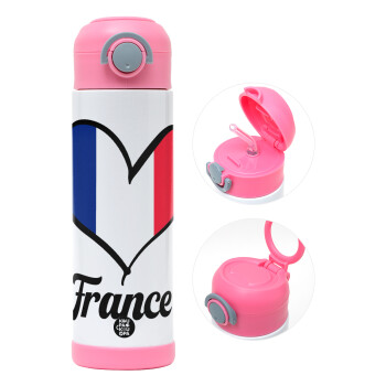 France flag, Children's hot water bottle, stainless steel, with safety straw, PINK (500ml)