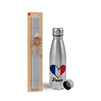 France flag, Easter Set, metallic Inox water bottle (750ml) & aromatic flat Easter candle (30cm) (GRAY)