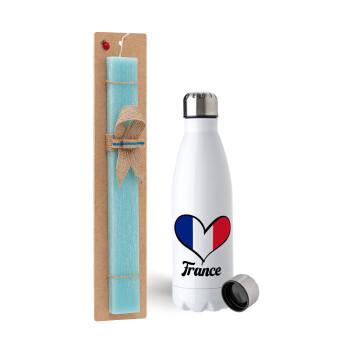 France flag, Πασχαλινή Λαμπάδα με μεταλλικό παγούρι ανοξείδωτο (750ml) & κερί αρωματικό πλακέ (30cm) (ΤΙΡΚΟΥΑΖ)