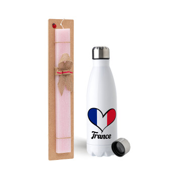 France flag, Easter Set, metallic stainless steel water bottle (750ml) & scented flat Easter candle (30cm) (PINK)