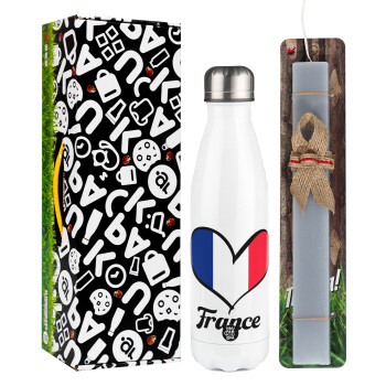 France flag, Easter candle, metallic white thermos bottle (500ml) & aromatic flat candle (30cm) (GRAY)