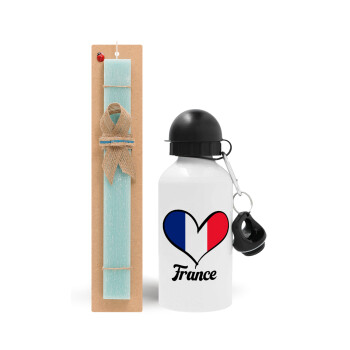 France flag, Easter Set, metallic aluminum water bottle (500ml) & scented flat candle (30cm) (TURQUOISE)