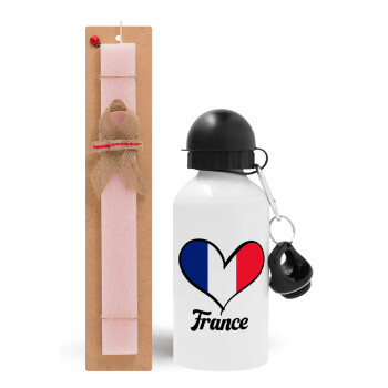 France flag, Easter Set, metallic aluminum bottle (500ml) & aromatic flat Easter candle (30cm) (PINK)