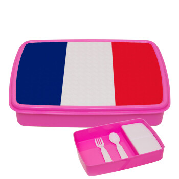 France flag, ΡΟΖ παιδικό δοχείο φαγητού (lunchbox) πλαστικό με παιδικά μαχαιροπίρουρα & 2 εσωτερικά δοχεία (BPA-FREE) Lunch Βox M23 x Π18 x Υ4cm
