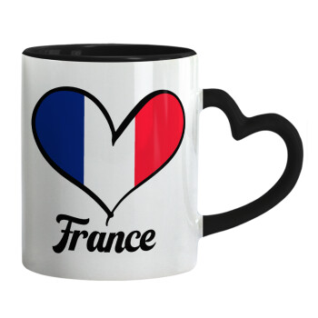 France flag, Κούπα καρδιά χερούλι μαύρη, κεραμική, 330ml