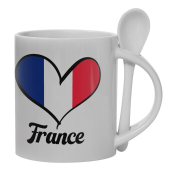 France flag, Ceramic coffee mug with Spoon, 330ml (1pcs)