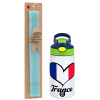 Easter Set, Children's thermal stainless steel bottle with safety straw, green/blue (350ml) & aromatic flat Easter candle (30cm) (TURQUOISE)