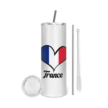 France flag, Eco friendly ποτήρι θερμό (tumbler) από ανοξείδωτο ατσάλι 600ml, με μεταλλικό καλαμάκι & βούρτσα καθαρισμού