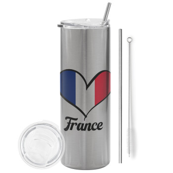France flag, Eco friendly ποτήρι θερμό Ασημένιο (tumbler) από ανοξείδωτο ατσάλι 600ml, με μεταλλικό καλαμάκι & βούρτσα καθαρισμού