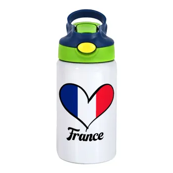 France flag, Παιδικό παγούρι θερμό, ανοξείδωτο, με καλαμάκι ασφαλείας, πράσινο/μπλε (350ml)
