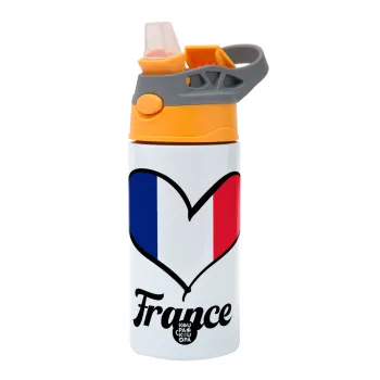 France flag, Children's hot water bottle, stainless steel, with safety straw, Orange/Grey (360ml) BPA-FREE