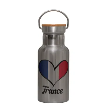 France flag, Stainless steel metallic thermos flask, silver with a bamboo lid, double-walled, 350ml.