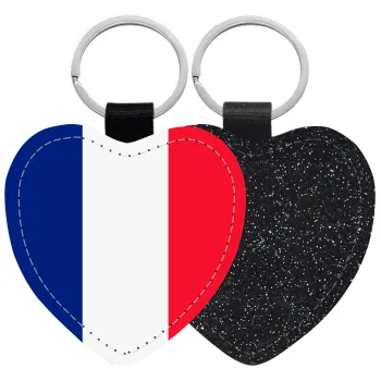 France flag, Μπρελόκ PU δερμάτινο glitter καρδιά ΜΑΥΡΟ