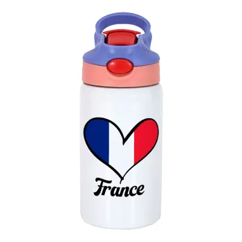 France flag, Children's hot water bottle, stainless steel, with safety straw, pink/purple (350ml)