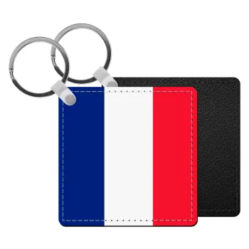 France flag, Μπρελόκ Δερματίνη, τετράγωνο ΜΑΥΡΟ (5x5cm)
