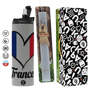 France flag, Πασχαλινή Λαμπάδα με Travel Tumbler θερμό (600ml, BPA free) & κερί αρωματικό πλακέ (30cm) (ΓΚΡΙ)