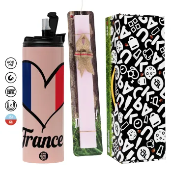 France flag, Πασχαλινή Λαμπάδα με  ΡΟΖ Travel Tumbler θερμό (600ml, BPA free) & κερί αρωματικό πλακέ (30cm) (ΡΟΖ)