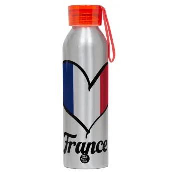 France flag, Αλουμινένιο Αθλητικό Μπουκάλι 650ml – Ασημί με Κόκκινο Καπάκι και Λουράκι Σιλικόνης