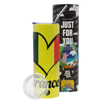 France flag, Neon Yellow Travel Tumbler θερμό, μεταλλικό καλαμάκι(Ανωξείδωτο 304 Food grade, BPA free, 600ml)