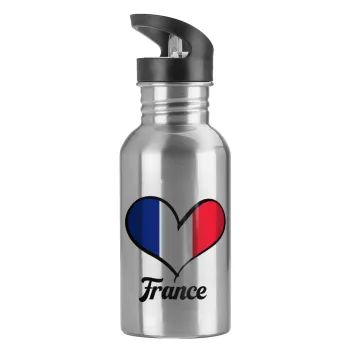 France flag, Water bottle Silver with straw, stainless steel 600ml