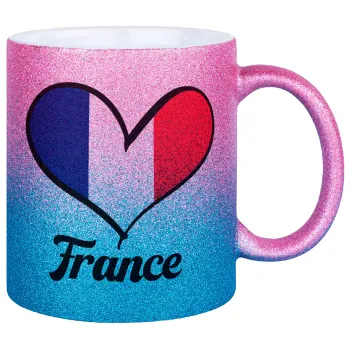 France flag, Κούπα Χρυσή/Μπλε Glitter, κεραμική, 330ml