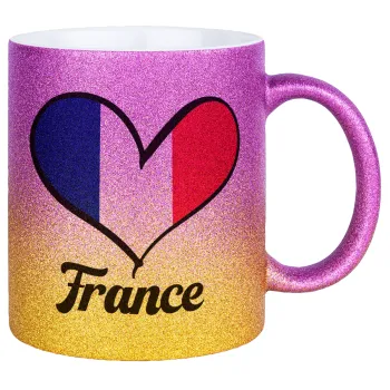 France flag, Κούπα Χρυσή/Ροζ Glitter, κεραμική, 330ml
